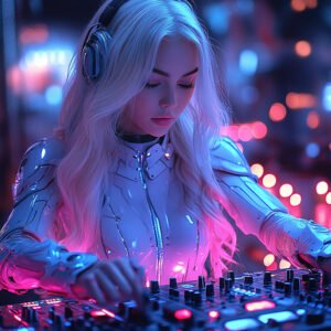 Stylish female dj, dj mixer, nightclub, dj, headphones, disco, dancing, disco party, club, dance party, music party, club party, audio, professional woman, female, close up, woman, dj party, beautiful, beautiful woman, sound, event, disc, beautiful female, dj night, night party, music night, entertainment, party, control panel, disco light, young, electronics, mixer, control, professional