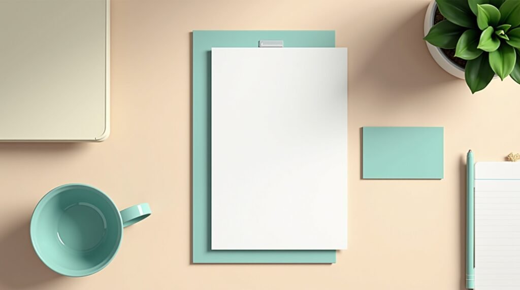 Realistic stationery branding mockup featuring a letterhead and business card arranged on a clean desk with soft natural lighting